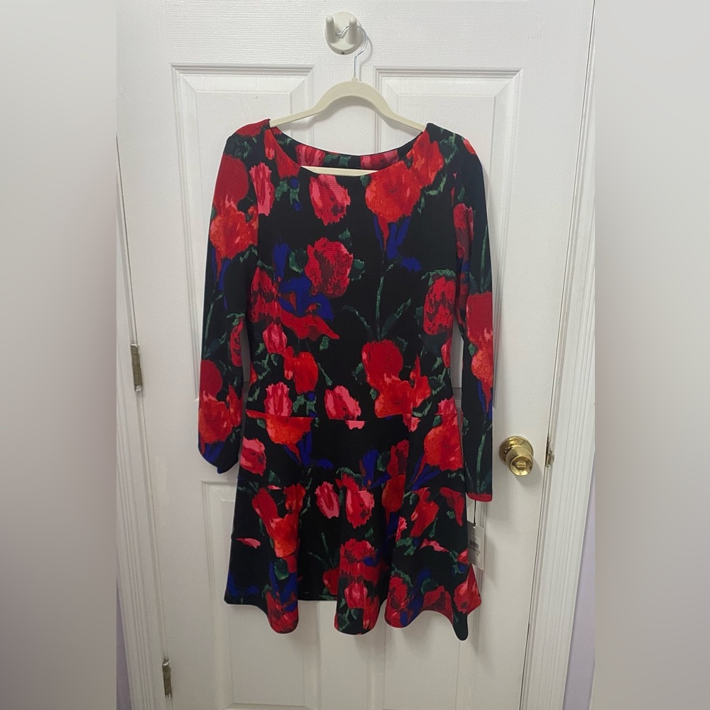 Ivanka Trump Long Sleeve Red Pink Black Flower Dress